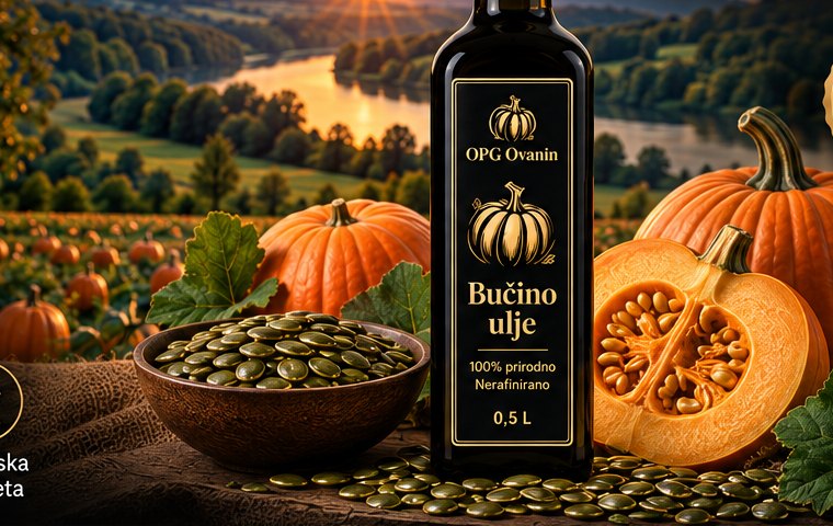 Bučino ulje OPG Ovanin uz buče i koštice, pogled na dolinu Kupe